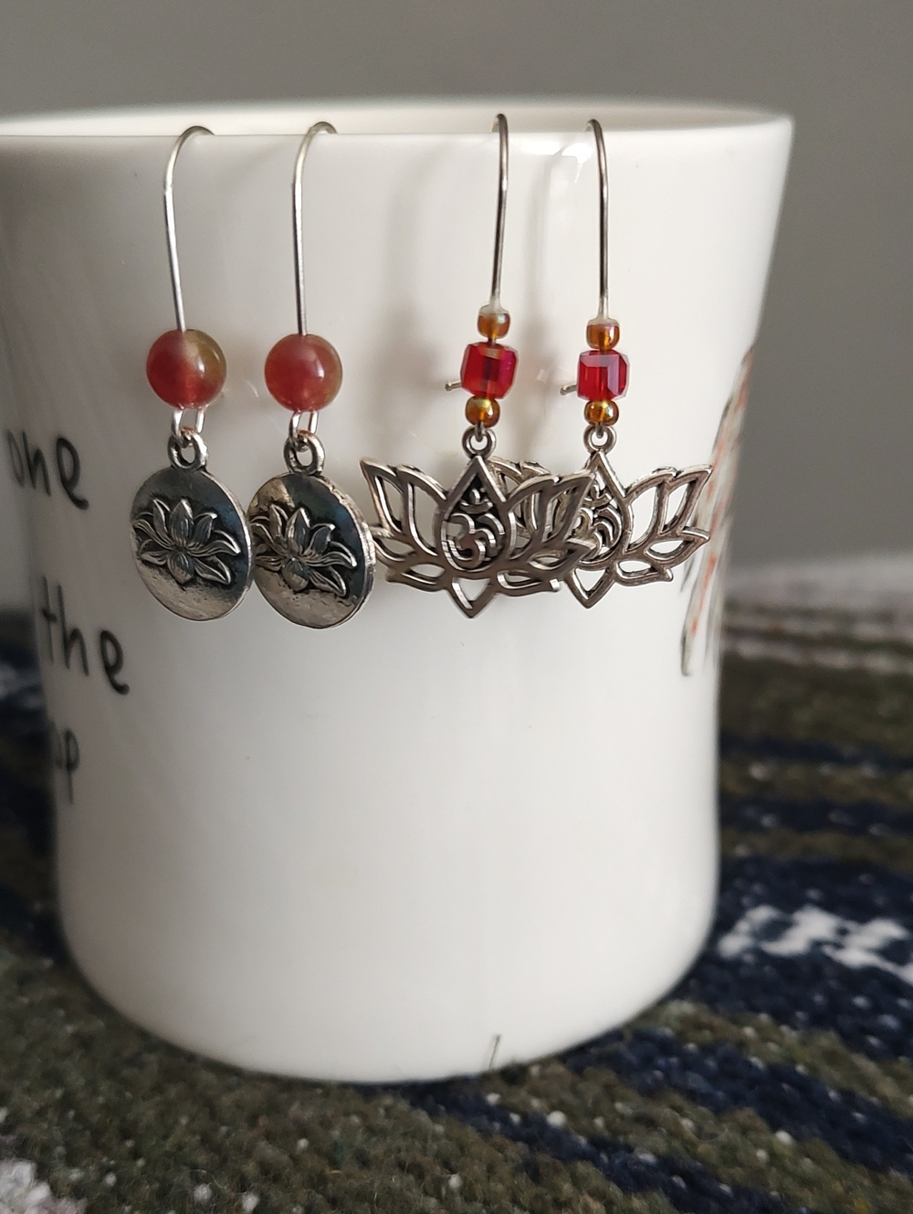 2 Pair Silver Lotus Drop Earrings with Beads